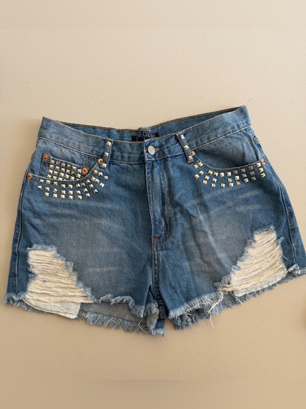 Love Culture Cotton Studded High Waisted Distressed Denim Shorts L
